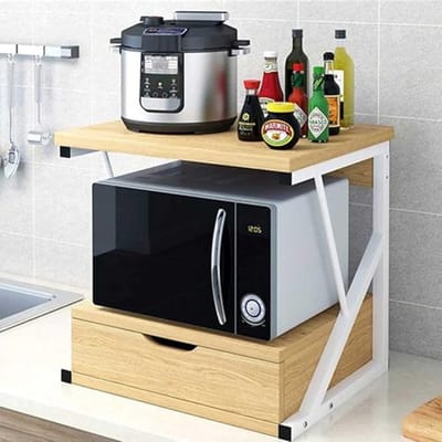 Verte Microwave Rack - Metalen Magnetronrek met MDF-Plank en Lade-Indeling - Keukengerei - Modern Ontwerp 54 x 35 x 50 cm - Eiken