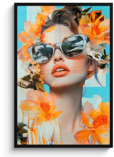 Poster in lijst - Fotolijst 80x120 cm - Posters - Bloemen - Vrouw - Zonnebril - Blauw - Posterlijst zwart - Decoratie - Wanddecoratie woonkamer - Muurdecoratie slaapkamer
