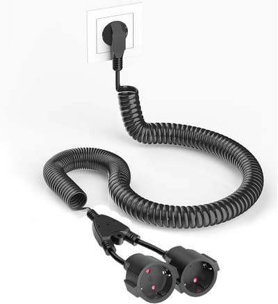 2 geaarde spiraalverlengstukken van 3 m - PVC Schuko verlengkabel, rekbaar van 0,9 m tot 3 m, 230V/16A, IP20, zwart