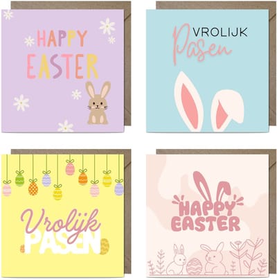 8 Luxe Vierkante Vrolijk Pasen Wenskaarten - Paaskaarten - 13,5x13,5cm - gevouwen kaarten Inclusief gekleurde enveloppen