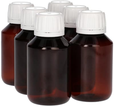 6 x 100 ml Pharma PET Fles Bruin met Garantiedop Wit- PET Kunststof BPA-vrij - Plastic Flessen Navulbaar - Met Dop - Lege Flessen - 6 stuks