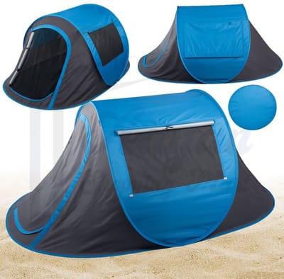 Strandtent Pop Up Groot – Zelfopvouwende Beach Tent 210 cm – UV Werende Zonnetent met Venster, Ritssluiting en Draagtas – beach tent opvouwbaar – portable beach shelter – strandtent met rits – grijs-blauw – 59013