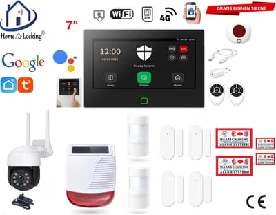 Draadloos / bedraad alarmsysteem met 7-inch touchscreen voor woning/camper/boot/caravan werkt met wifi en sim kaart en met spraakgestuurde apps. (Nederlands of Frans stem en tekst). ST01B-63