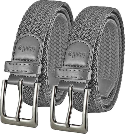 Landley Elastische Gevlochten Stretch Riemen Duopack - Voordeelset met 2 riemen - Dames en Heren - Grijs - Lengte totaal 100 cm / Riemmaat 85