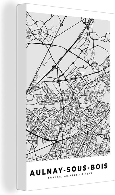 Canvas Schilderij Kaart - Stadskaart - Aulnay-sous-Bois - Plattegrond - Frankrijk - 20x30 cm - Wanddecoratie