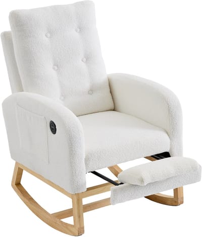 Schommelstoel - Voedingsstoel - Relaxstoel - Bouclé - Massief Hout - Voetensteun - USB - Zijzakken - Babykamer - 66,5x121,5x102cm - 1 Stuk - Wit