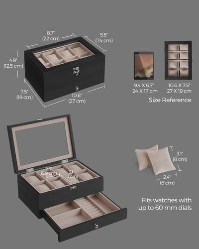 SONGMICS - Horloge Doos - Met 8 Vakken - Massief Hout - Glazen Deksel - Voor Sieraden
