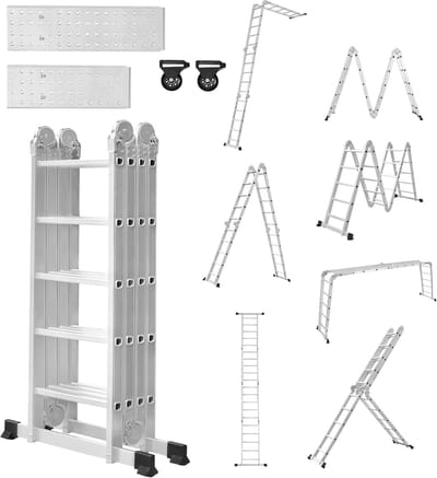 6-in-1 Multifunctionele Ladder, 580cm Aluminium ladder, 4x5 Traps Bouwsteiger, Veiligheidsladder incl. Iinklapbare Staande Ladder, 2 Afneembaar Werkplatform en 2 Wielen, Rolladders voor Thuis, NAIZY