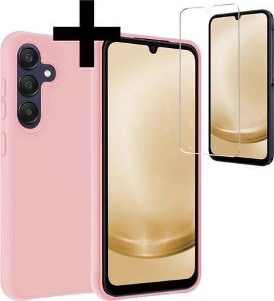 Hoesje - Met Screenprotector - Geschikt voor Samsung Galaxy A25 - Sterk & Shockproof - Back Cover - Siliconen Case - Telefoon Hoes - Telefoonhoesjes - Lichtroze