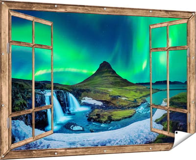 Gards Tuinposter Doorkijk Noorderlicht bij de Watervallen in IJsland - 180x120 cm - Tuindoek - Tuindecoratie - Wanddecoratie buiten - Tuinschilderij