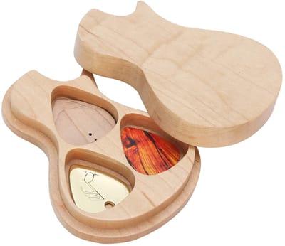 Dailygoods- Gitaarplectrum Koffer Houten Gitaarvorm - 3 Plectra - Massief Esdoornhout - Decoratieve Opbergdoos - Muziekinstrument Accessoires - Pickbox