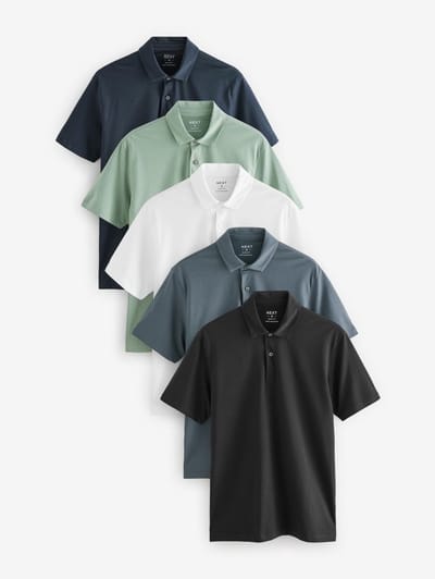 Next - Heren - Slim Fit - Set van 5 jersey poloshirts met korte mouwen - Zwart