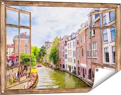 Gards Tuinposter Doorkijk Huizen aan de Oudegracht in Utrecht - 90x60 cm - Tuindoek - Tuindecoratie - Wanddecoratie buiten - Tuinschilderij