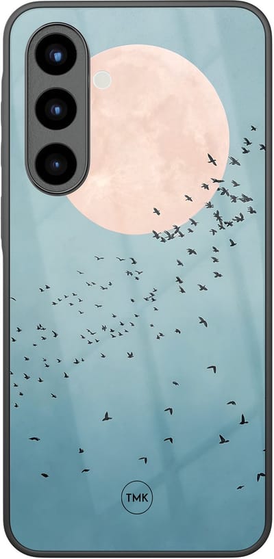 Hoesje geschikt voor Samsung Galaxy A56 - Moon birds - Blauw - TPU luxe case (glossy toplaag) - Vogel - Hardcase backcover zwart