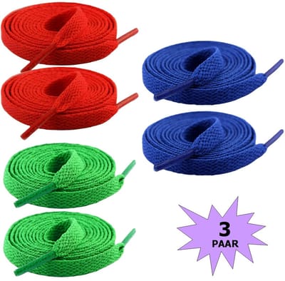 Fako Fashion - Schoenveters - Veters - Plat - 8mm - 120cm - 3 Paar - 6 Stuks - Donkerblauw, Groen & Rood