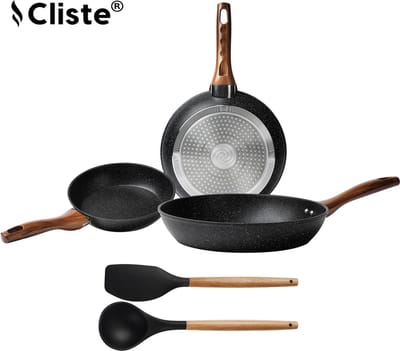 Cliste Koekenpannenset Inductie 3-delig (20, 24, 28 cm) – Keramische Antiaanbaklaag – PFAS-vrij – Zwart – Inclusief 2 Spatels