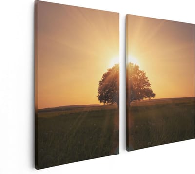 Artaza Canvas Schilderij Tweeluik Zonsondergang Achter Een Grote Boom - 80x60 - Foto Op Canvas - Canvas Print