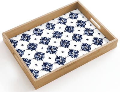 Dienblad hout 40x30 cm - Schootdienblad - Tegelmotief - Blauw - Wit - Bloem - Borrelplank rechthoek - Plateau dienbladen