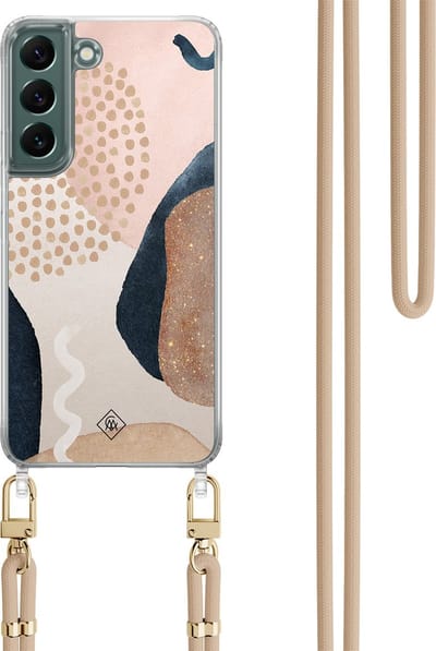 Casimoda® hoesje met koord - Geschikt voor Samsung S22 - Abstract Dots - Afneembaar koord - TPU/polycarbonaat - Bruin/beige
