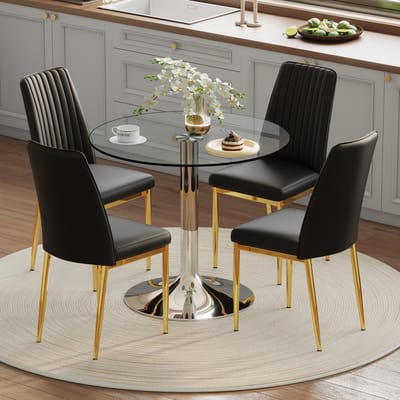 Eettafelset: Moderne minimalistische eettafel van veiligheidsglas met een diameter van 85 cm, gecombineerd met 4 zwarte eetkamerstoelen van hoogwaardig kunstleer, voor woonkamer, eetkamer en keuken.