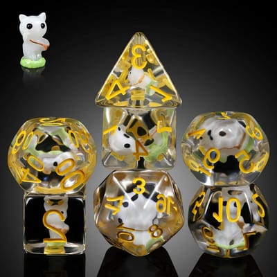 Dobbelstenen Set - RPG Dobbelstenen - Tafelspellen Spelen - Witte Kat Design - 7 stuks - Wit