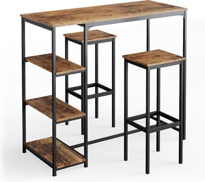 Vicco Fyrk Bartafel set – 120 x 50 cm met legplanken en 2 barkrukken Antiek hout