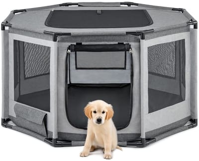By shayne - Puppyren - Hondenkooi - Stevige constructie - Grijs - Ademend gaas - Veilig speelplezier voor honden en katten
