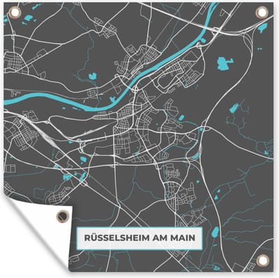 Tuin poster Stadskaart – Kaart – Rüsselsheim am Main – Blauw – Duitsland – Plattegrond - 200x200 cm - Tuindoek