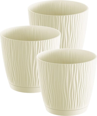 Prosperplast Plantenpot/bloempot Waves - 3x stuks - kunststof - creme wit - D24 x H23 cm - binnen/buiten - met opvangschaal