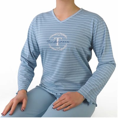 Tenderness Dames Pyjama - V-hals - Lange Mouwen - Licht Blauw - Maat XL