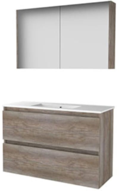 Basic-Line Comfort 39 Badkamermeubelset - Ondiep - 100 x 39 cm - Greeploos - 2 Lades - Keramische Wastafel - 1 Kraangat - Spiegelkast - Scotch Oak