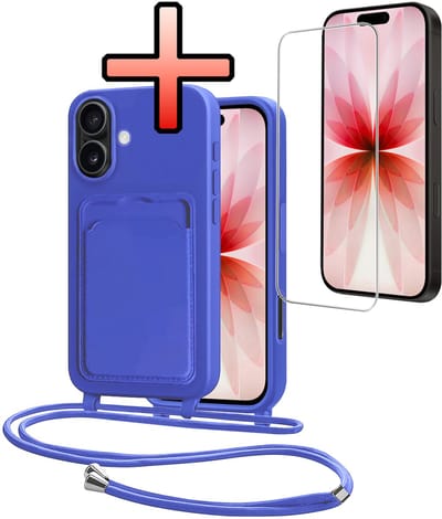 Hoes Geschikt voor iPhone 17 Hoesje Pasjeshouder Cover Met Koord Case Siliconen Hoes Met Telefoonkoord en Kaarthouder Met Screenprotector - Felblauw