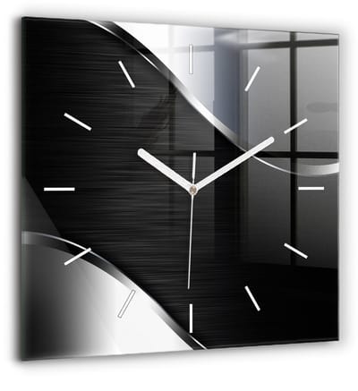 Wallfluent Wandklok - Zwarte en zilveren lijnen Unieke Wandklok - 60 cm x 60 cm - Zwart Wandklok - Witte Handen - Wandklok Zonder Cijfers - Wandklok Glas Woonkamer - Vierkante Glas Klok - Scandinavisch Wandklok - Klok als Muurdecoratie