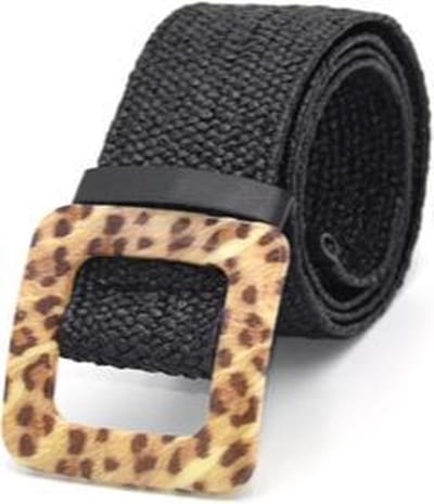 KLEINE MAAT! Meisjes – Jonge Dames - Vintage gevlochten riem / damesriem houten vierkante platte gesp / Leopard – Panterprint - 85 cm - Maat XXS/XS/S | voor in taille - Zwart | Elastisch – Stretch | Riet – Stro | Verstelbaar | Decoratie Jurk – Riem
