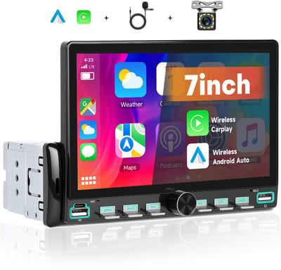 Boscer 1 Din Autoradio met 7 Inch Scherm - Draadloos Apple CarPlay & Android Auto - Bluetooth, Handsfree Bellen & FM Radio (RDS) - Achteruitrijcamera & Microfoon