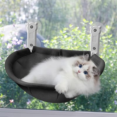 Famanu – Opvouwbare kattenraam hangmat met metalen frame, stevige raamzitplaats, zwart