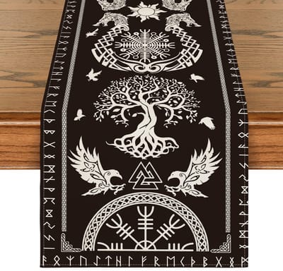 Tafelloper - Viking Boom des Levens en Raaf design - Tafeldecoratie voor binnen voor diverse gelegenheden - Zwart 40x300 cm