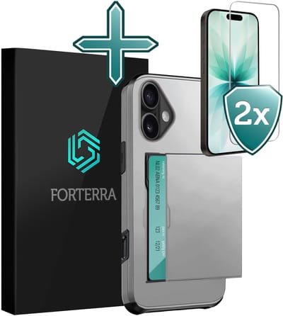 Hoesje Geschikt voor iPhone 17 Pashouder Hard Case Hoes Met 2x Screenprotector - Hoes Geschikt voor iPhone 17 Hoesje Back Cover Met Pasjeshouder - Grijs
