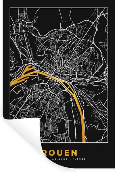 Muurstickers - Sticker Folie - Kaart – Rouen - Stadskaart – Frankrijk – Plattegrond - 20x30 cm - Plakfolie - Muurstickers Kinderkamer - Zelfklevend Behang - Zelfklevend behangpapier - Stickerfolie
