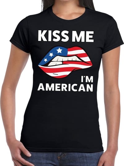 Kiss me i'm American t-shirt zwart dames - feest shirts dames XS