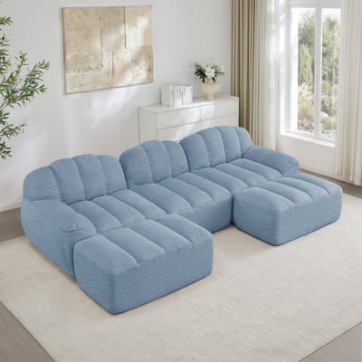 MODENUIT U-Bank 3-Zits - Modulair Met 2 Ottomans - Voor Woonkamer En Appartement - Granulair Fleece - Blauw