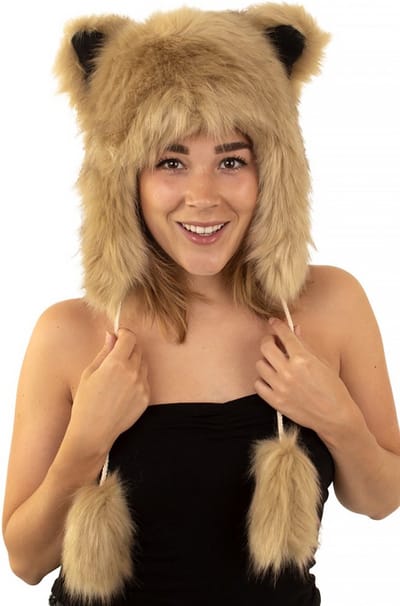 KIMU® Beer Muts Touwtjes - Wolf Bontmuts Oortjes - Bont Beertje Beige Nepbont Oren Pompoms Pluche Berenmuts Vos Bruine Beer Festival