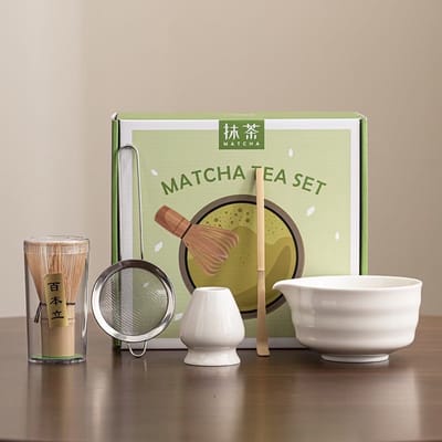 Matcha Set 5-delig ‘Kyoto Wit’ – Japanse theeset met chawan (kom), chasen, chashaku, houder & zeef – Keramiek – Luxe matcha cadeau