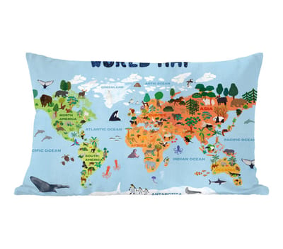 Sierkussens - Kussentjes Woonkamer - 50x30 cm - Wereldkaart - Kinderen - Dieren - Bomen