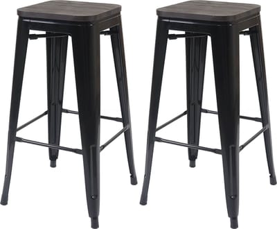 Set van 2 barkrukken MCW-A73 incl. houten zitting, barkruk tegenkruk, metaal industrieel ontwerp stapelbaar ~ zwart