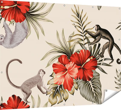 Gards Tuinposter Tropische Bloemen met Apen Achtergrond - 160x120 cm - Tuindoek - Tuindecoratie - Wanddecoratie buiten - Tuinschilderij