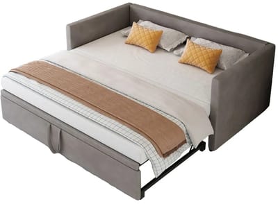 Emvae Slaapbank - Opklapbed - Bedbank - Uitschuifbed - 90/180x200 cm - Fluweel - Lichtgrijs - Hout en Metaal - Zonder Matras