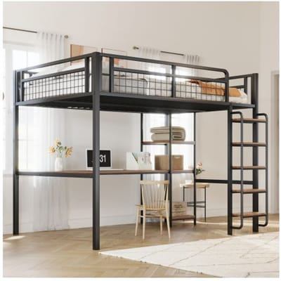 Stapelbed - MUVOE - 140x200 cm - Zwart metaal - Veiligheidsladder - Geïntegreerde tafel zwart
