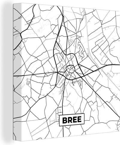 Canvas Schilderij Zwart Wit – België – Plattegrond – Stadskaart – Kaart – Bree - 20x20 cm - Wanddecoratie