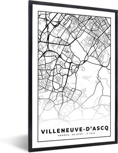 Fotolijst incl. Poster Zwart Wit- Kaart - Stadskaart - Frankrijk - Villeneuve-D'Ascq - Plattegrond - Zwart wit - 40x60 cm - Posterlijst